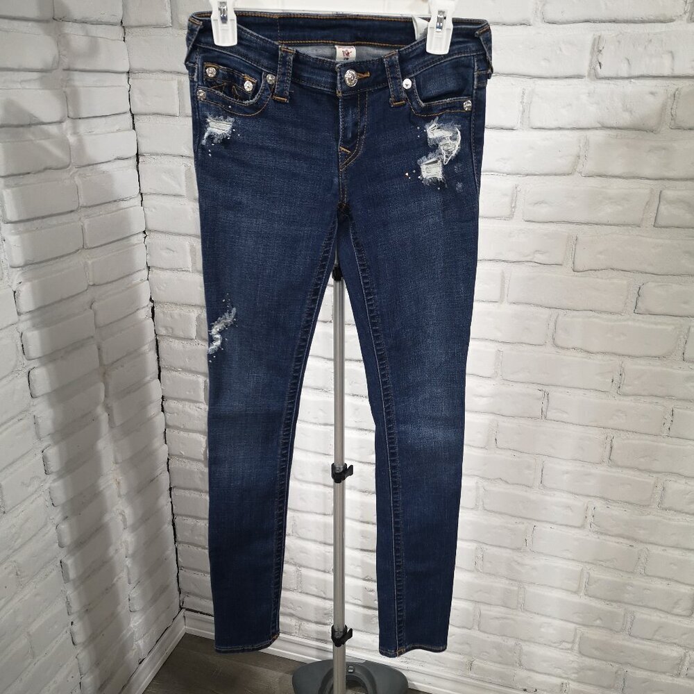True Religion Ladies Size 29  Distressed Medium Wash Low Rise Skinny Jeans